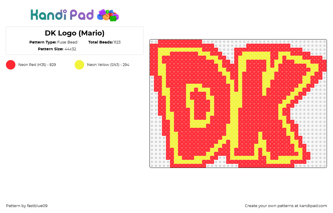 DK Logo (Mario) - Fuse Bead Pattern by fastblue09 on Kandi Pad - donkey kong,dk,nintendo,logo,video game,red,yellow