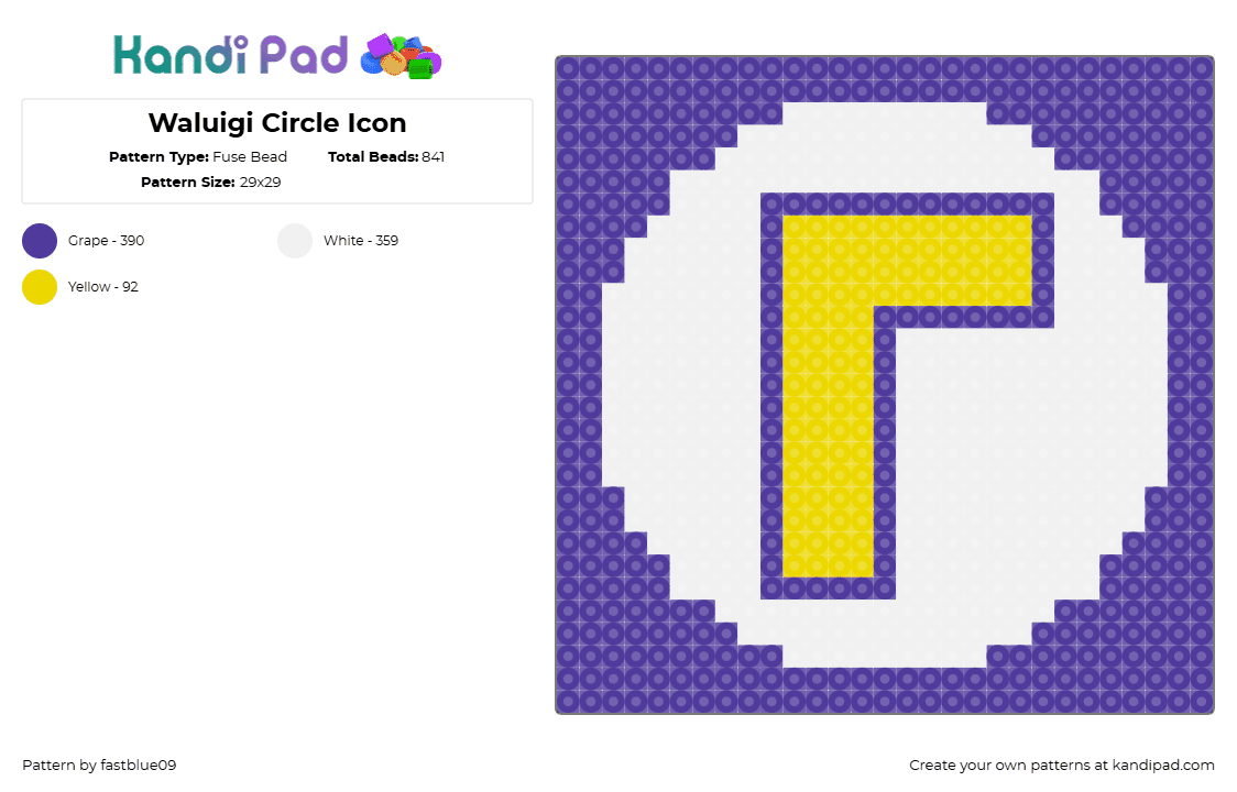 Waluigi Circle Icon - Fuse Bead Pattern by fastblue09 on Kandi Pad - waluigi,nintendo,logo,text,panel,coaster,video game,purple,yellow,white