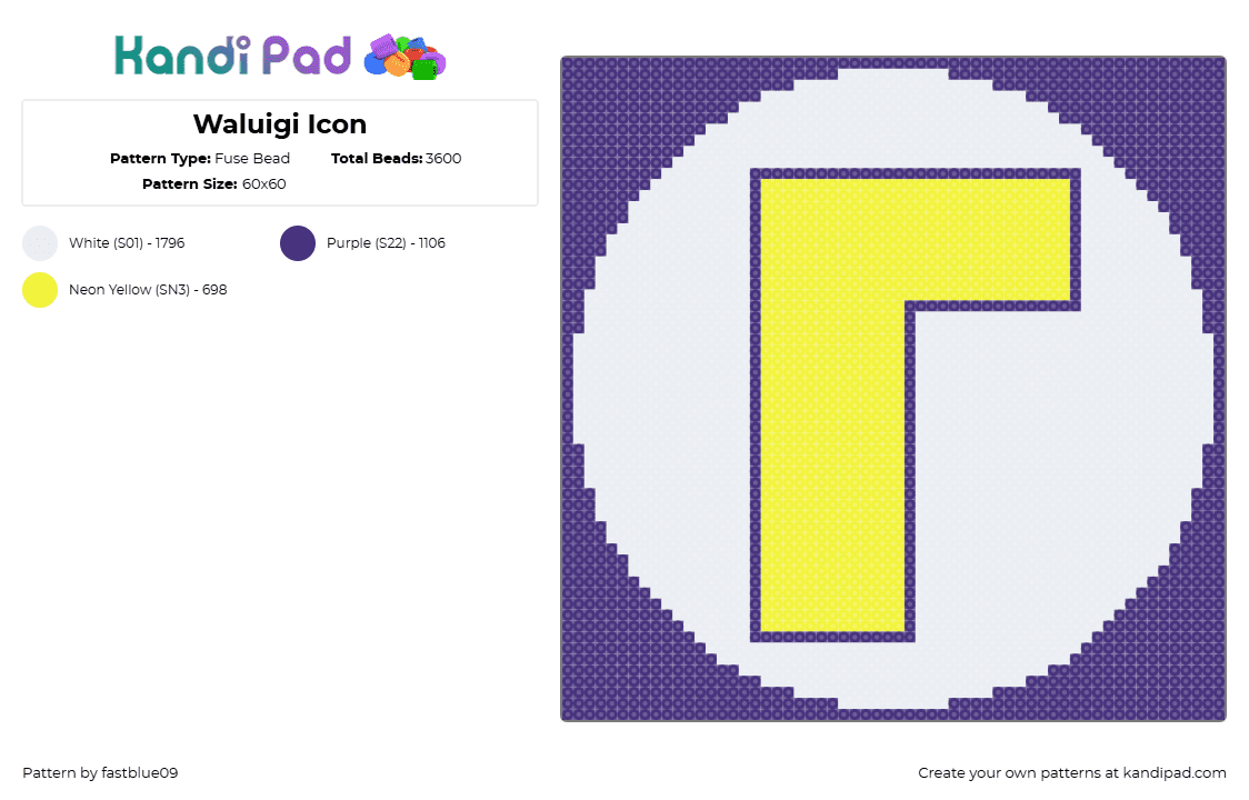 Waluigi Icon - Fuse Bead Pattern by fastblue09 on Kandi Pad - waluigi,nintendo,logo,text,panel,coaster,video game,purple,yellow,white