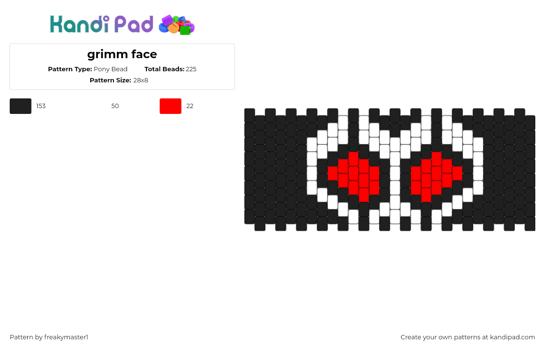 grimm face - Pony Bead Pattern by freakymaster1 on Kandi Pad - grimm,hollow knight,eyes,video game,cuff,red,white,black