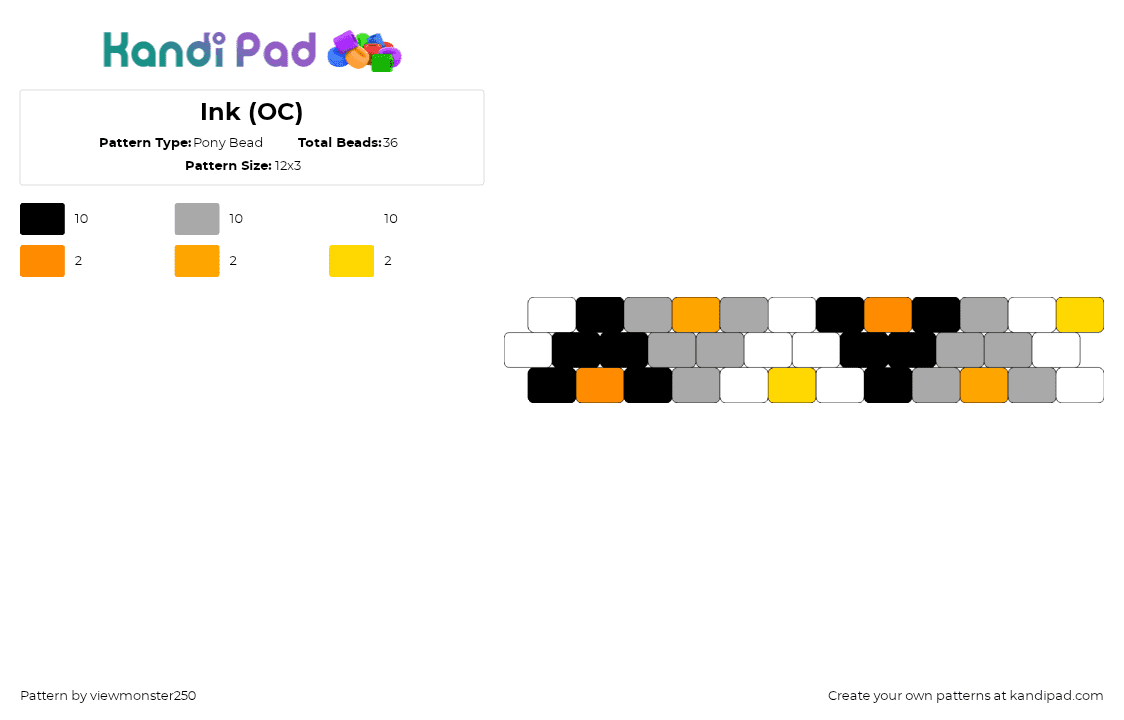 Ink (OC) - Pony Bead Pattern by viewmonster250 on Kandi Pad - triangles,geometric,simple,charm,bracelet,black,gray,white,orange