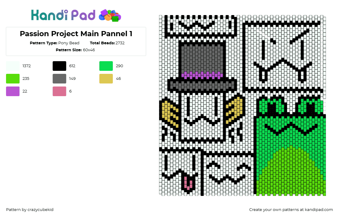 Passion Project Main Pannel 1 - Pony Bead Pattern by crazycubekid on Kandi Pad - characters,frog,top hat,panel,green,black,white