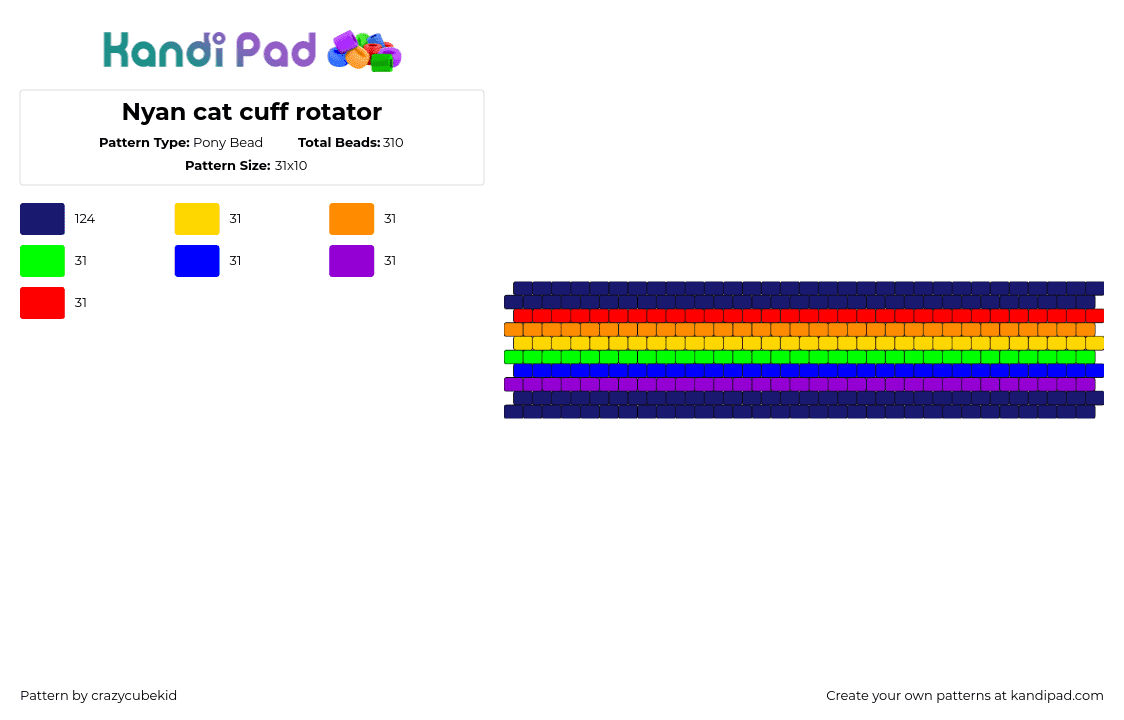 Nyan cat cuff rotator - Pony Bead Pattern by crazycubekid on Kandi Pad - nyan cat,rainbow,colorful,cuff,dark,blue,red