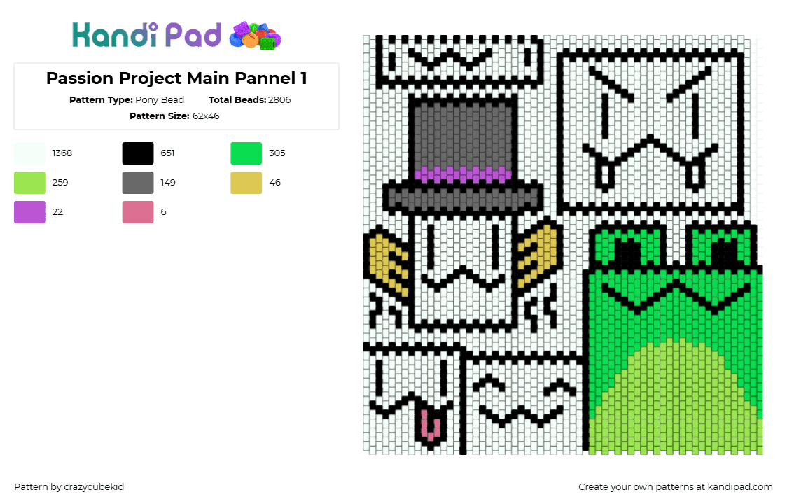 Passion Project Main Pannel 1 - Pony Bead Pattern by crazycubekid on Kandi Pad - characters,frog,top hat,panel,green,black,white