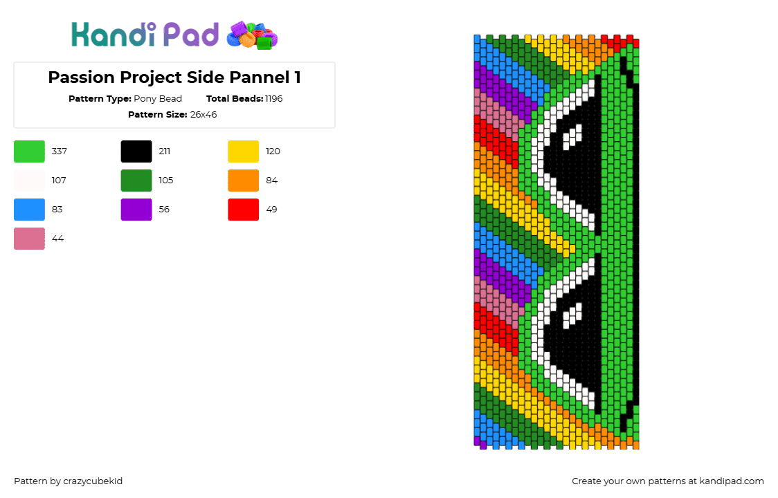 Passion Project Side Pannel 1 - Pony Bead Pattern by crazycubekid on Kandi Pad - frog,rainbow,eyes,diagonal,stripes,colorful,panel,bag,green