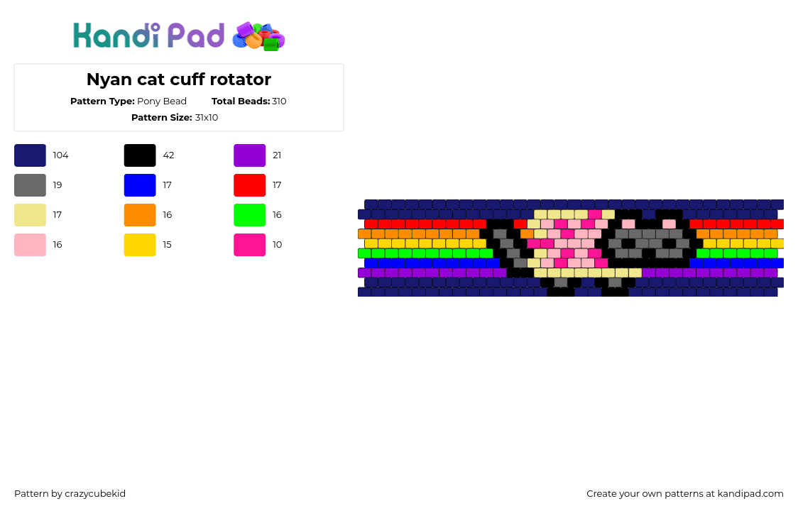 Nyan cat cuff rotator - Pony Bead Pattern by crazycubekid on Kandi Pad - nyan cat,rainbow,colorful,cuff,dark,blue,pink