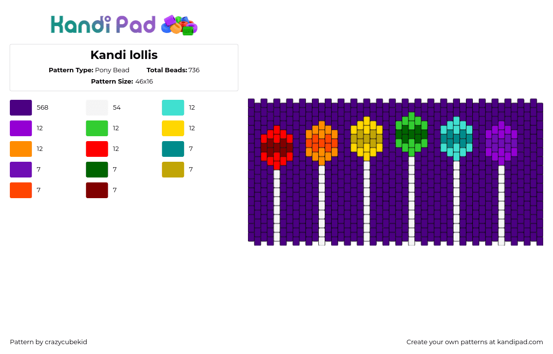 Kandi lollis - Pony Bead Pattern by crazycubekid on Kandi Pad - lollipops,suckers,candy,cuff,colorful,purple,orange,red,green