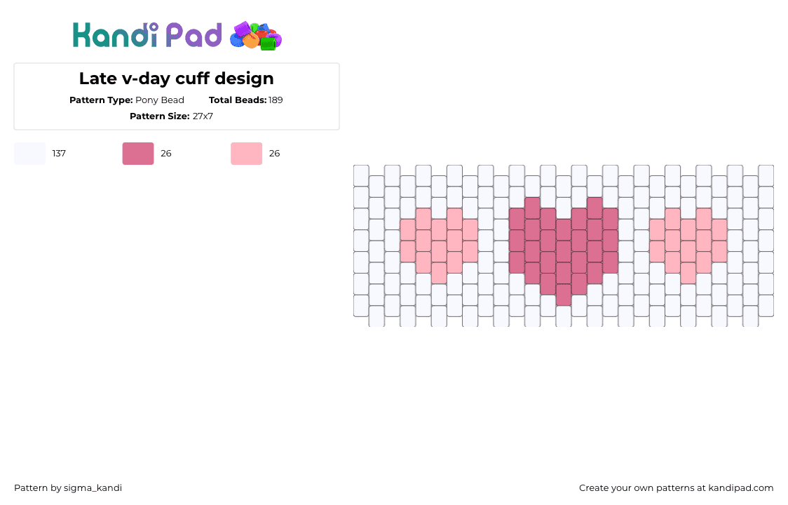 Late v-day cuff design - Pony Bead Pattern by sigma_kandi on Kandi Pad - hearts,valentines,love,cuff,white,pink