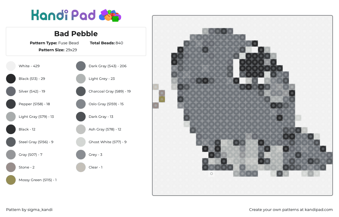 Bad Pebble - Fuse Bead Pattern by sigma_kandi on Kandi Pad - pebble,dandys world,character,video game,gray