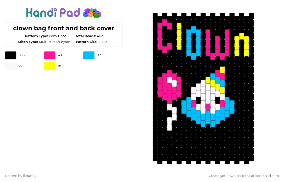 clown bag front and back cover - Pony Bead Pattern by lilbunny on Kandi Pad - black,pink,light blue,clown,colorfull,cute