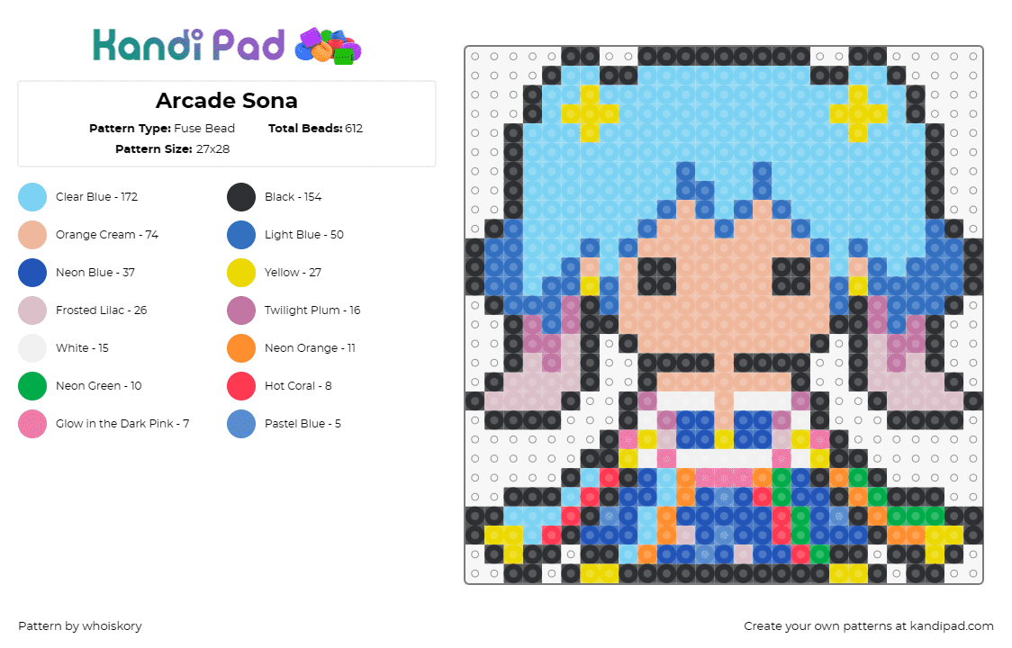 Arcade Sona - Fuse Bead Pattern by whoiskory on Kandi Pad - sona,league of legends,character,video game,chibi,colorful,light blue,tan