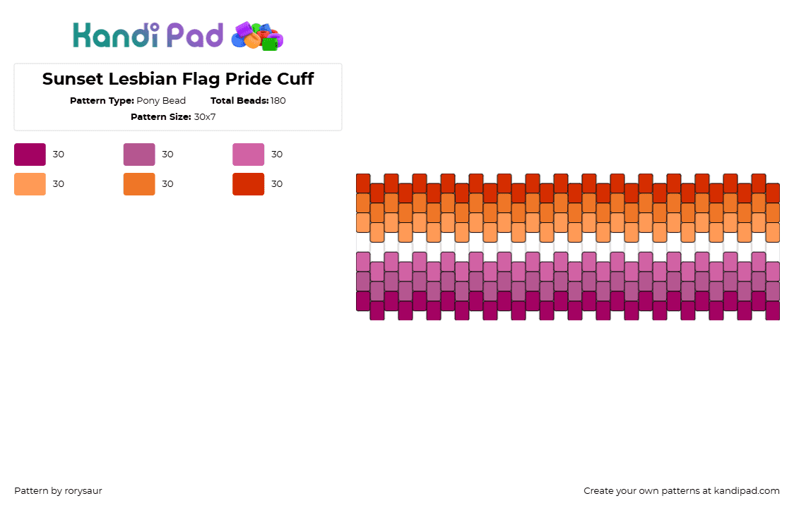 Sunset Lesbian Flag Pride Cuff - Pony Bead Pattern by rorysaur on Kandi Pad - lesbian,pride,cuff,pink,orange