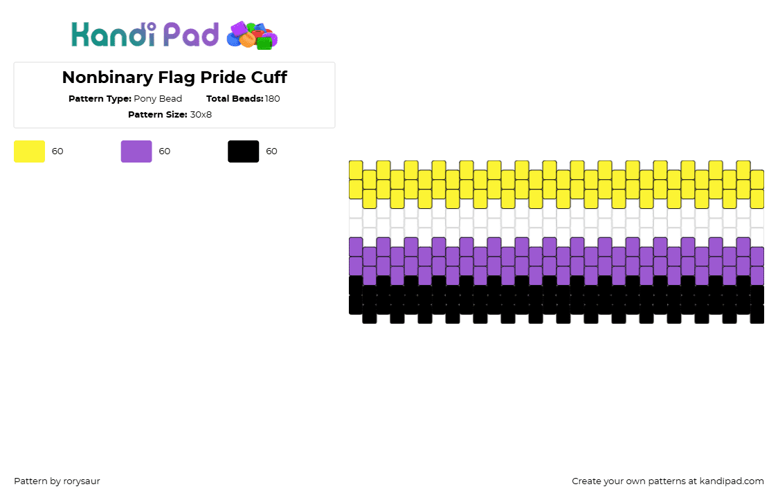 Nonbinary Flag Pride Cuff - Pony Bead Pattern by rorysaur on Kandi Pad - nonbindary,pride,cuff,yellow,purple,black