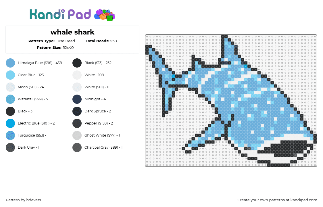 whale shark - Fuse Bead Pattern by hdevers on Kandi Pad - whale shark,fish,animal,light blue,white