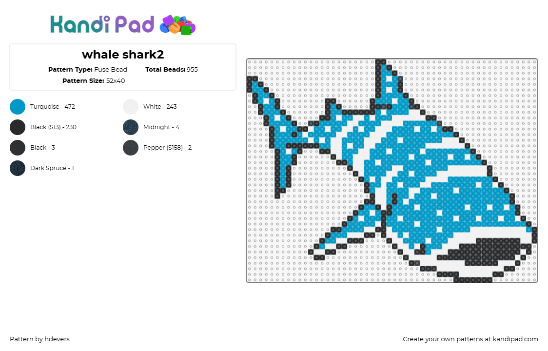 Blue Whale Shark - Fuse Bead Pattern by hdevers on Kandi Pad - whale shark,fish,animal,underwater,stripes,blue,teal,white