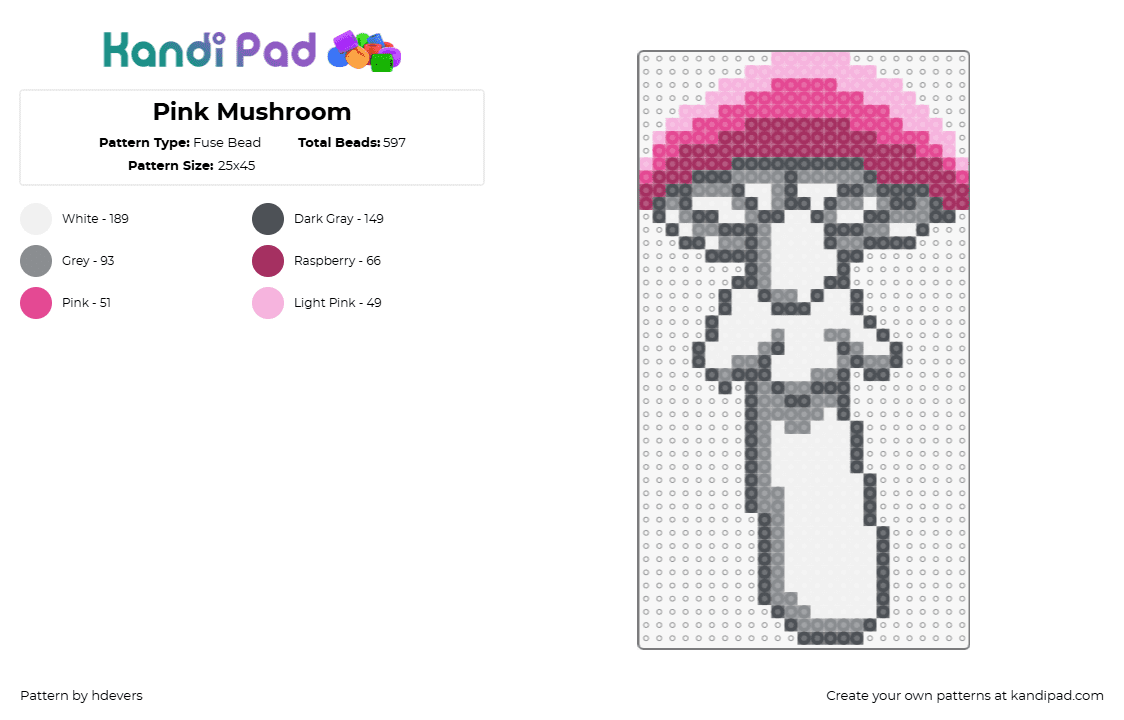 Pink Mushroom - Fuse Bead Pattern by hdevers on Kandi Pad - mushroom,fungus,nature,pink,white