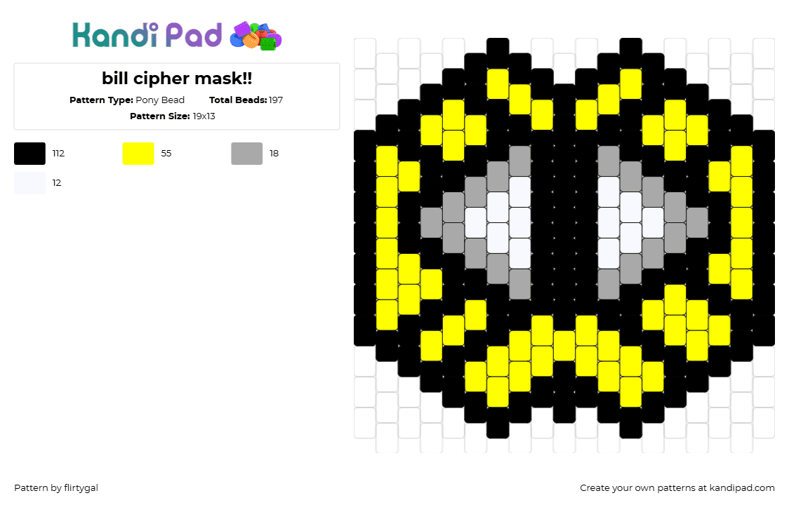 bill cipher mask!!(gravity falls) - Pony Bead Pattern by flirtygal on Kandi Pad - bill cipher,gravity falls,eye,cyclops,mask,cartoon,tv show,yellow,black,gray