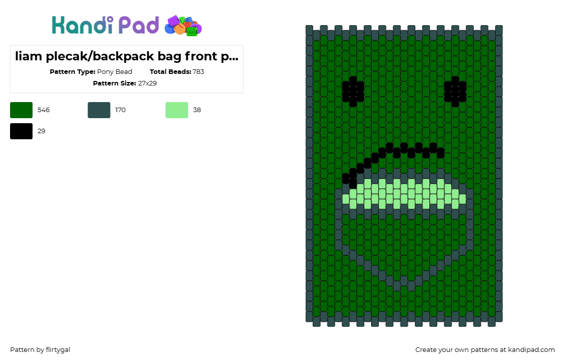 liam plecak/backpack bag front panel - Pony Bead Pattern by flirtygal on Kandi Pad - liam plecak,one,backpack,character,tv show,animation,panel,bag,green