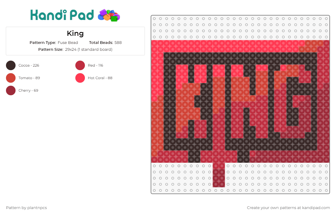 King - Fuse Bead Pattern by plantnpcs on Kandi Pad - sullivan king,edm,dj,music,bold,tribute,dynamic,red