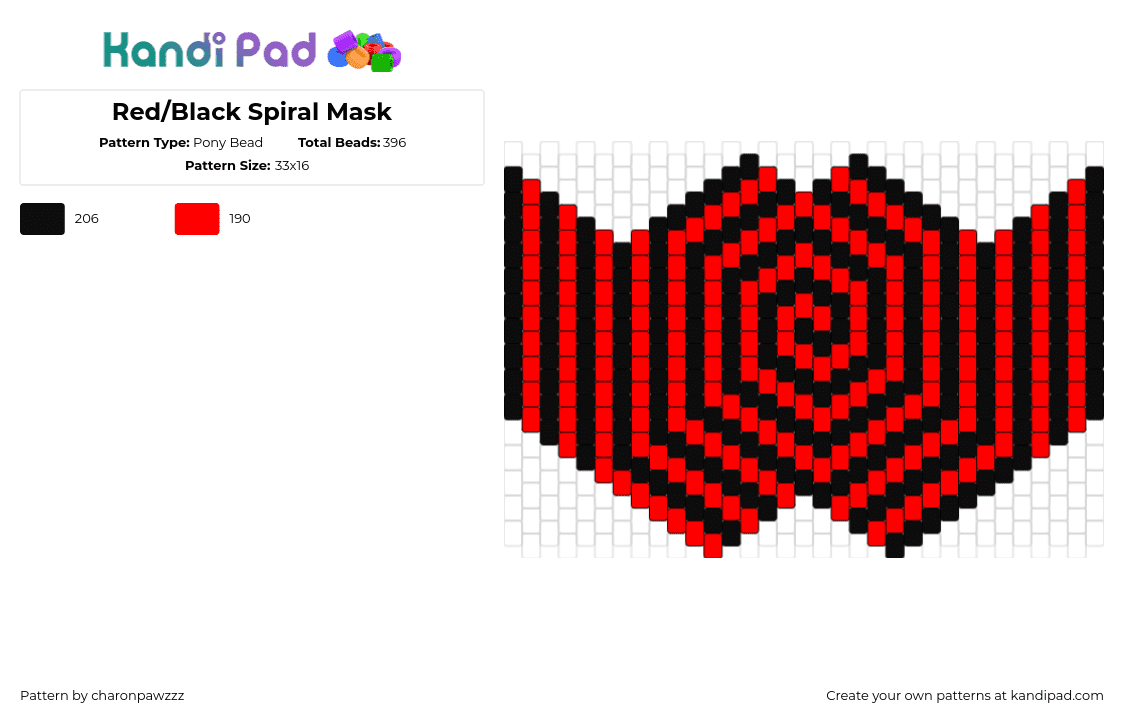 Red/Black Spiral Mask - Pony Bead Pattern by char_on_pawzzz on Kandi Pad - spiral,hypnotic,swirl,mask,trippy,rezz,black,red