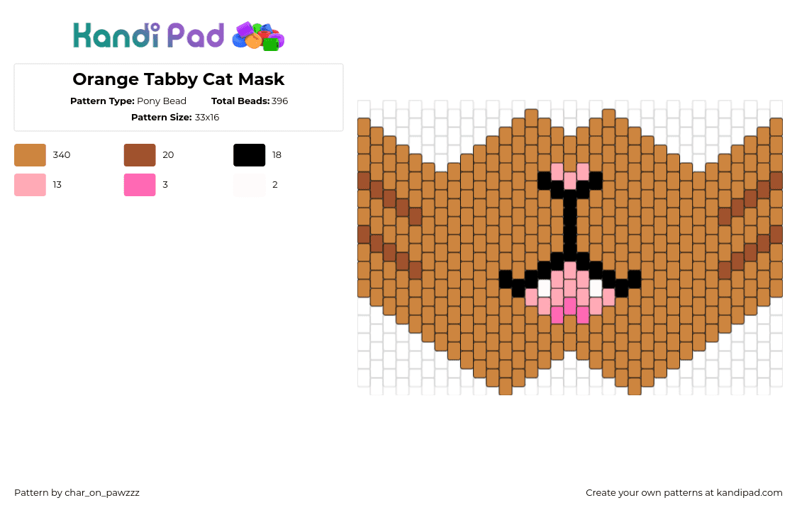 Orange Tabby Mask - Pony Bead Pattern by char_on_pawzzz on Kandi Pad - tabby,cat,animal,mouth,tongue,face,mask,brown,tan,pink