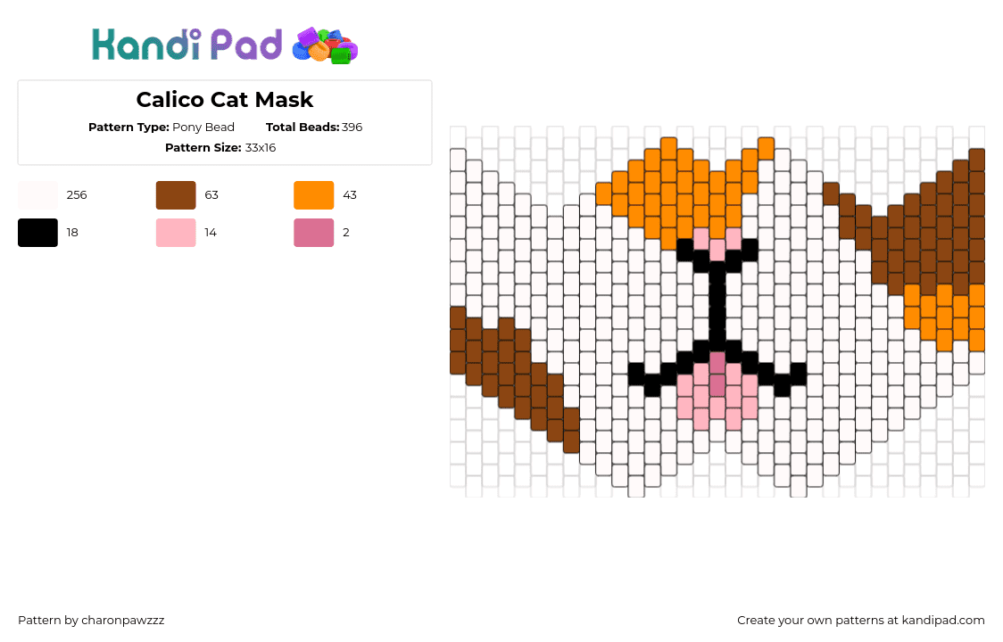 Calico Cat Mask - Pony Bead Pattern by charonpawzzz on Kandi Pad - cat,mask,animal,face,smile,white,orange,brown