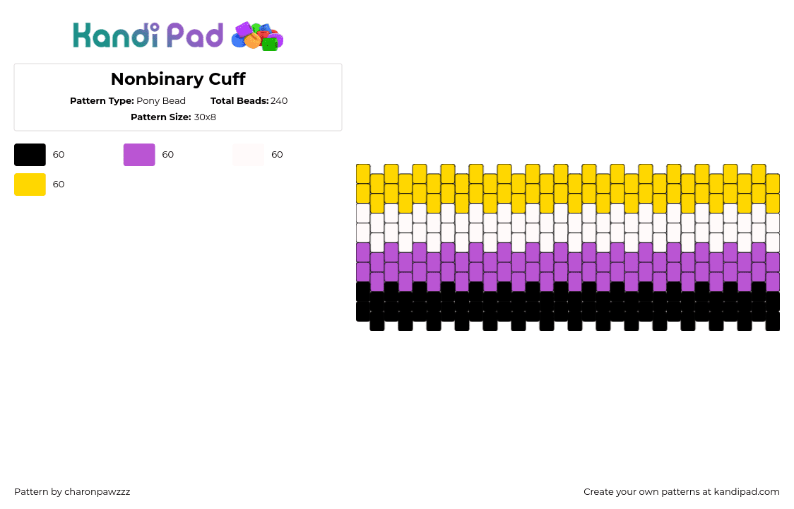 Nonbinary Cuff - Pony Bead Pattern by char_on_pawzzz on Kandi Pad - nonbinary,pride,cuff,black,yellow,white,purple