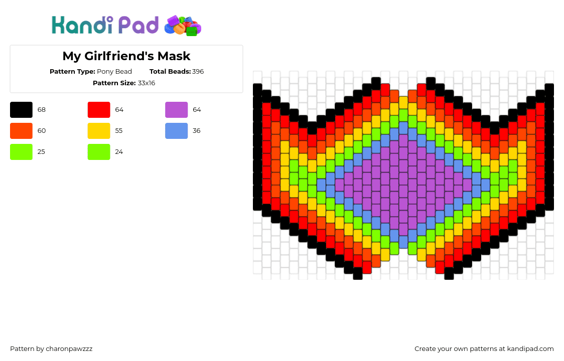 My Girlfriend\'s Mask - Pony Bead Pattern by charonpawzzz on Kandi Pad - diamond,neon,colorful,mask,red,purple,green