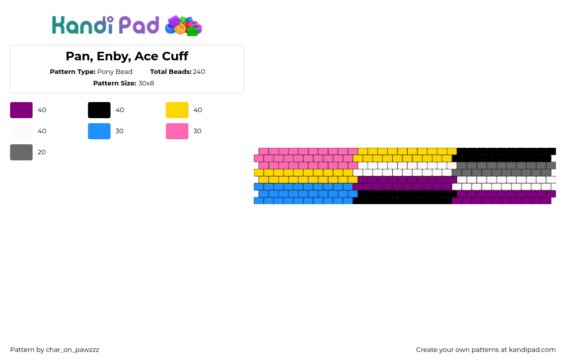 Pan, Enby, Ace Cuff - Pony Bead Pattern by char_on_pawzzz on Kandi Pad - pansexual,nonbinary,asexual,pride,community,cuff,colorful,pink,purple,yellow