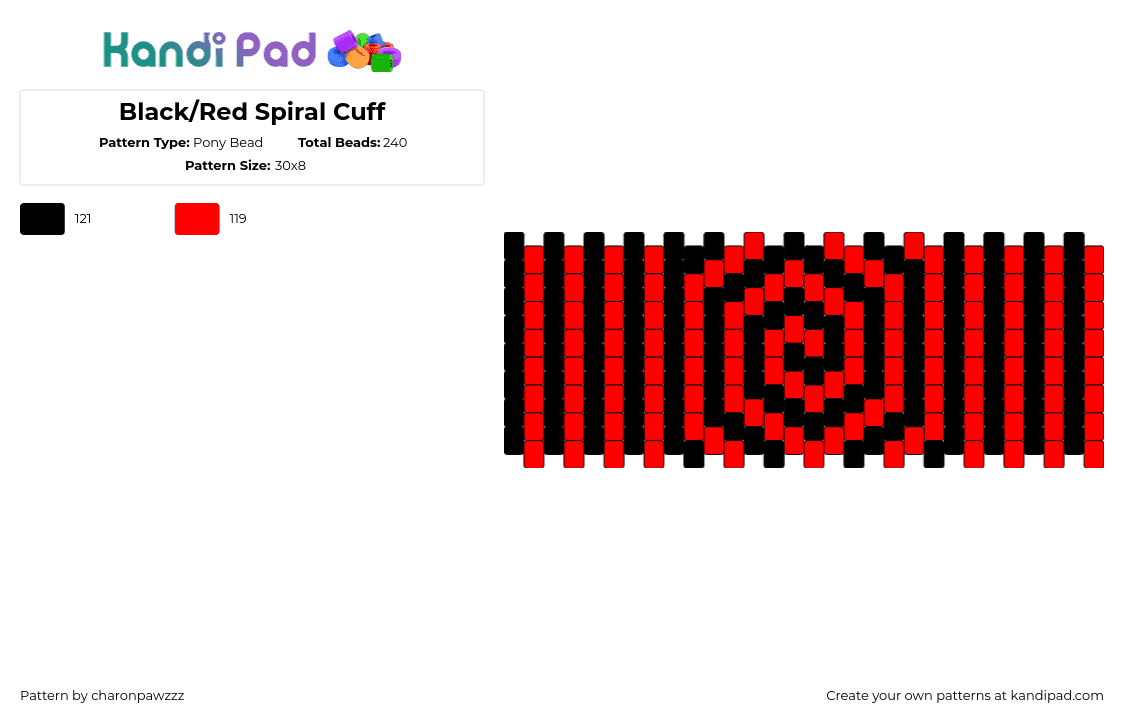 Red/Black Spiral Cuff - Pony Bead Pattern by char_on_pawzzz on Kandi Pad - spiral,hypnotic,vertical,stripes,cuff,rezz,black,red