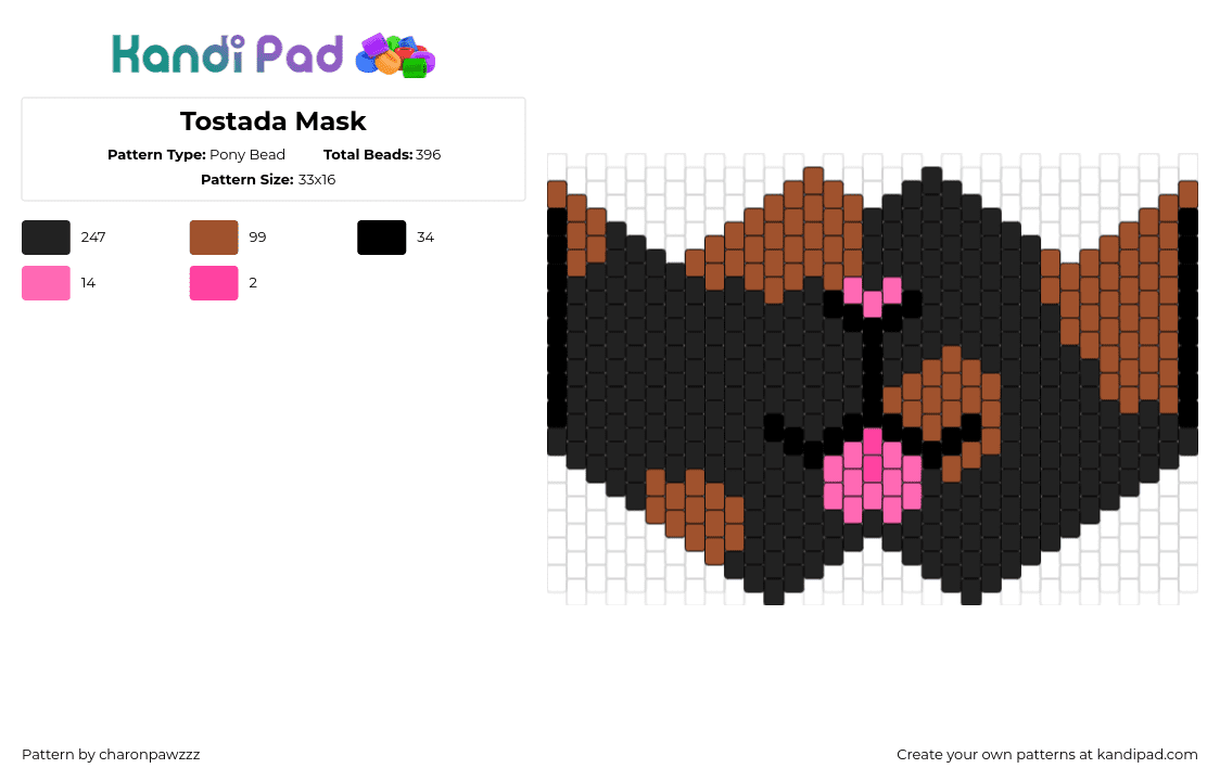 Tostada Mask - Pony Bead Pattern by char_on_pawzzz on Kandi Pad - tostada,cat,jaiden animations,autism,mask,tongue,black,brown,pink