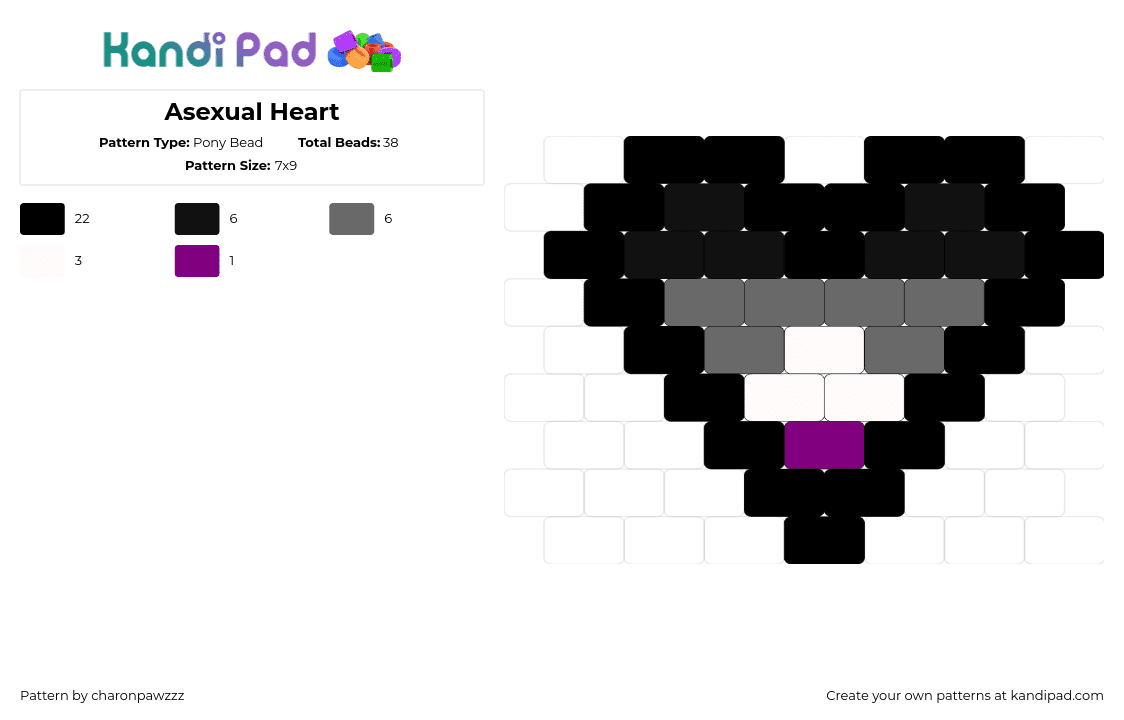 Asexual Heart - Pony Bead Pattern by char_on_pawzzz on Kandi Pad - asexual,pride,heart,black,gray,white