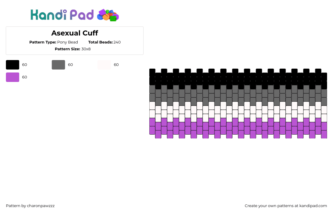 Asexual Cuff - Pony Bead Pattern by char_on_pawzzz on Kandi Pad - asexual,pride,cuff,black,gray,white,purple