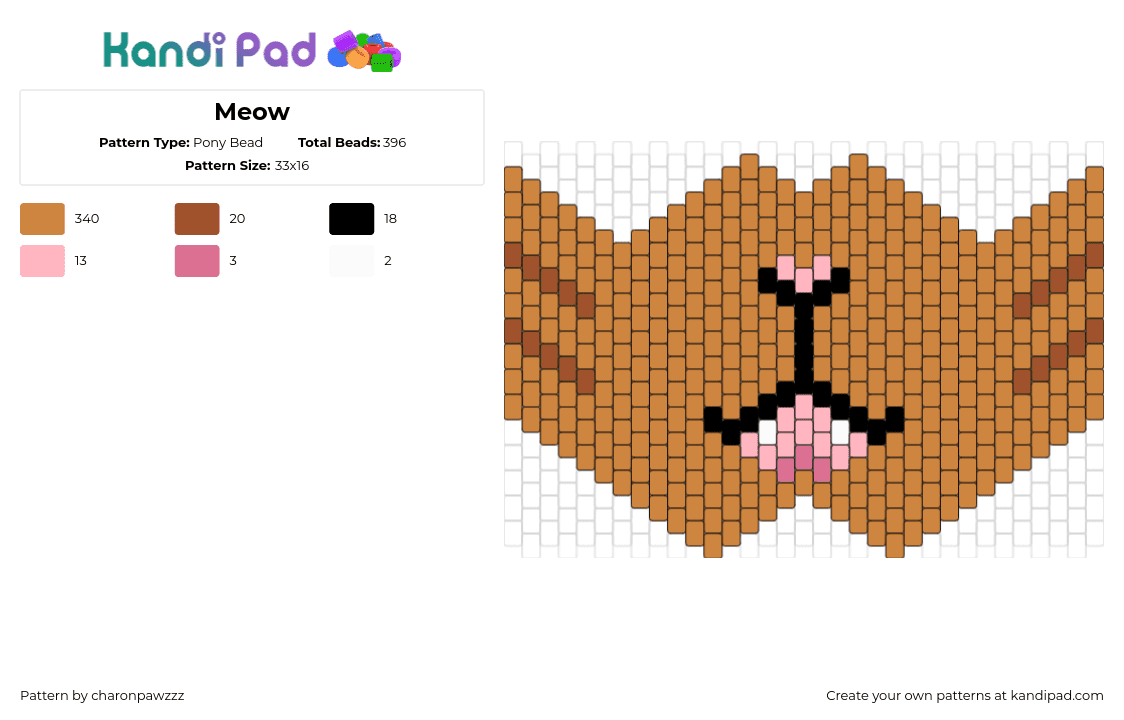 Meow - Pony Bead Pattern by charonpawzzz on Kandi Pad - cat,mask,animal,face,tongue,tan,brown