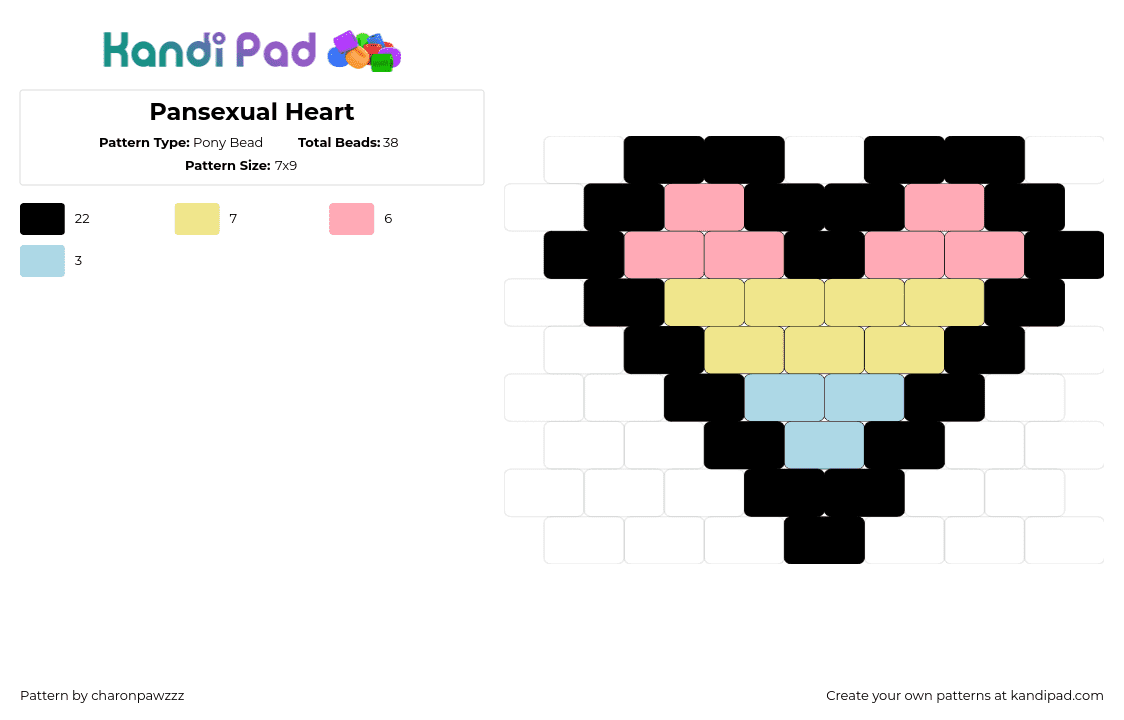 Pansexual Heart - Pony Bead Pattern by char_on_pawzzz on Kandi Pad - pansexual,heart,pride,pastel,pink,yellow,black