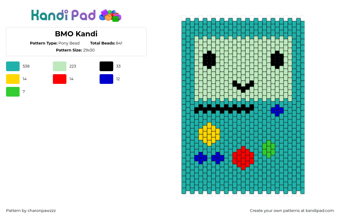 BMO Kandi - Pony Bead Pattern by char_on_pawzzz on Kandi Pad - bmo,adventure time,character,cartoon,tv show,video game,teal