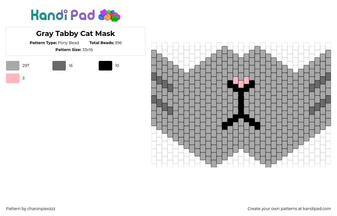 Gray Tabby Cat Mask - Pony Bead Pattern by charonpawzzz on Kandi Pad - cat,mask,animal,face,gray