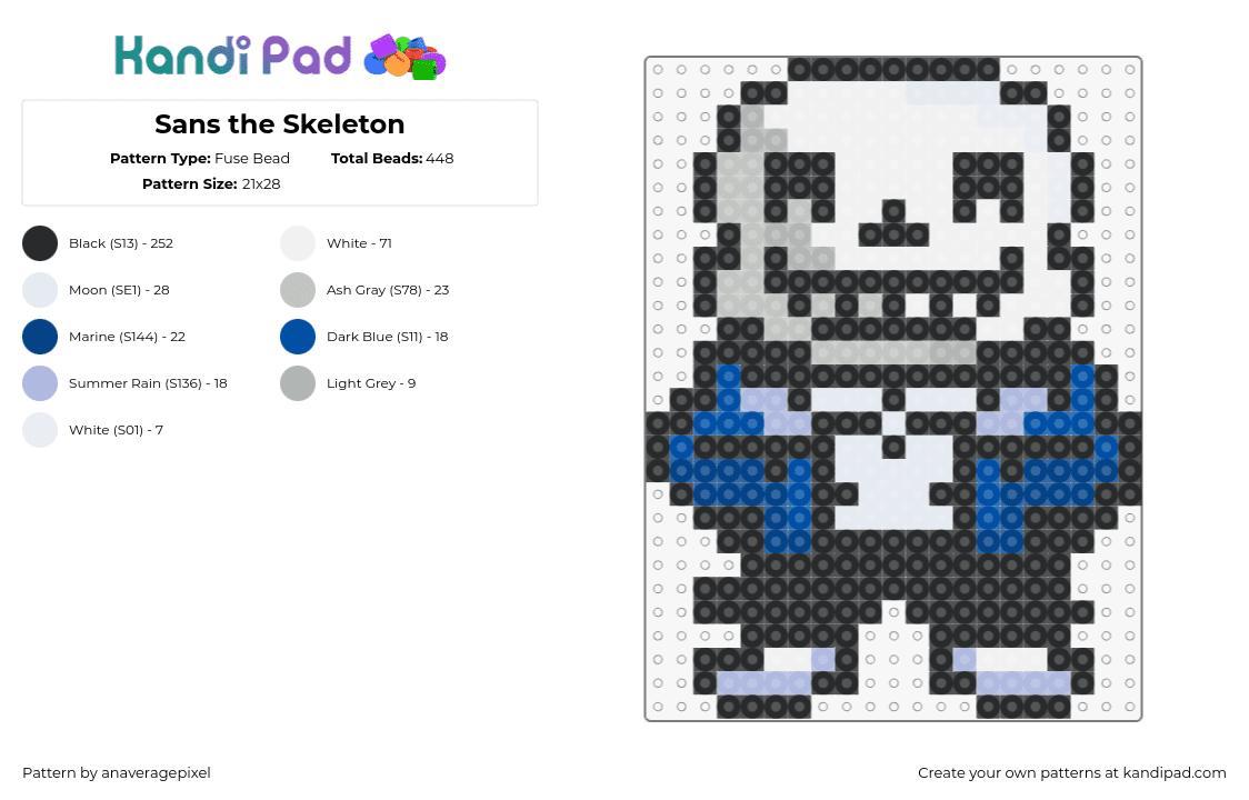 Sans the Skeleton - Fuse Bead Pattern by anaveragepixel on Kandi Pad - sans,undertale,skeleton,character,video game,white,black,blue