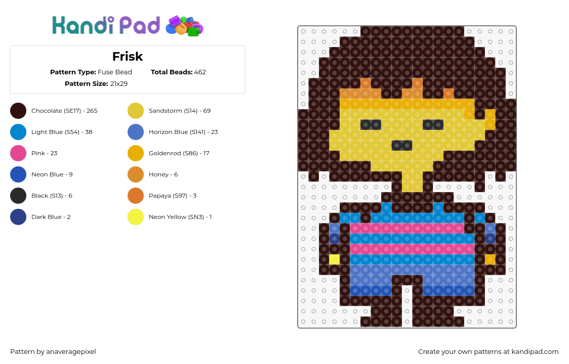 Frisk - Fuse Bead Pattern by anaveragepixel on Kandi Pad - frisk,deltarune,character,video game,yellow,blue,brown