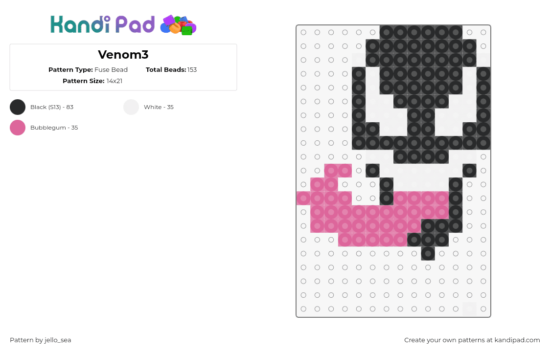 Venom3 - Fuse Bead Pattern by jello_sea on Kandi Pad - venom,tongue,marvel,charm,head,character,black,white,pink