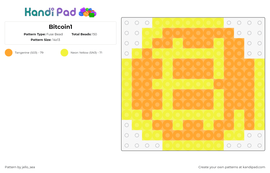 Bitcoin1 - Fuse Bead Pattern by jello_sea on Kandi Pad - bitcoin,crypocurrency,coin,logo,symbol,orange,yellow