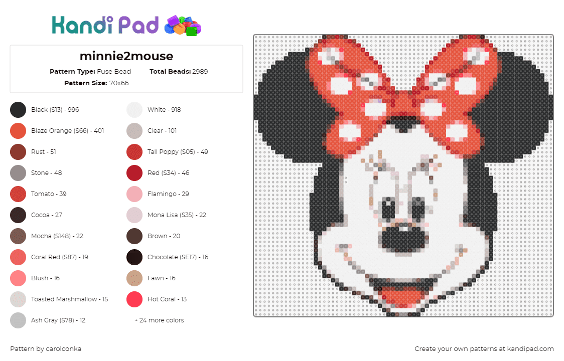 minnie2mouse - Fuse Bead Pattern by carolconka on Kandi Pad - minnie mouse,disney,mickey,character,head,smile,bow,classic,red,black,white