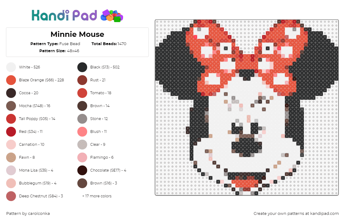 Minnie Mouse - Fuse Bead Pattern by carolconka on Kandi Pad - minnie mouse,disney,mickey,character,head,smile,bow,classic,red,black,white