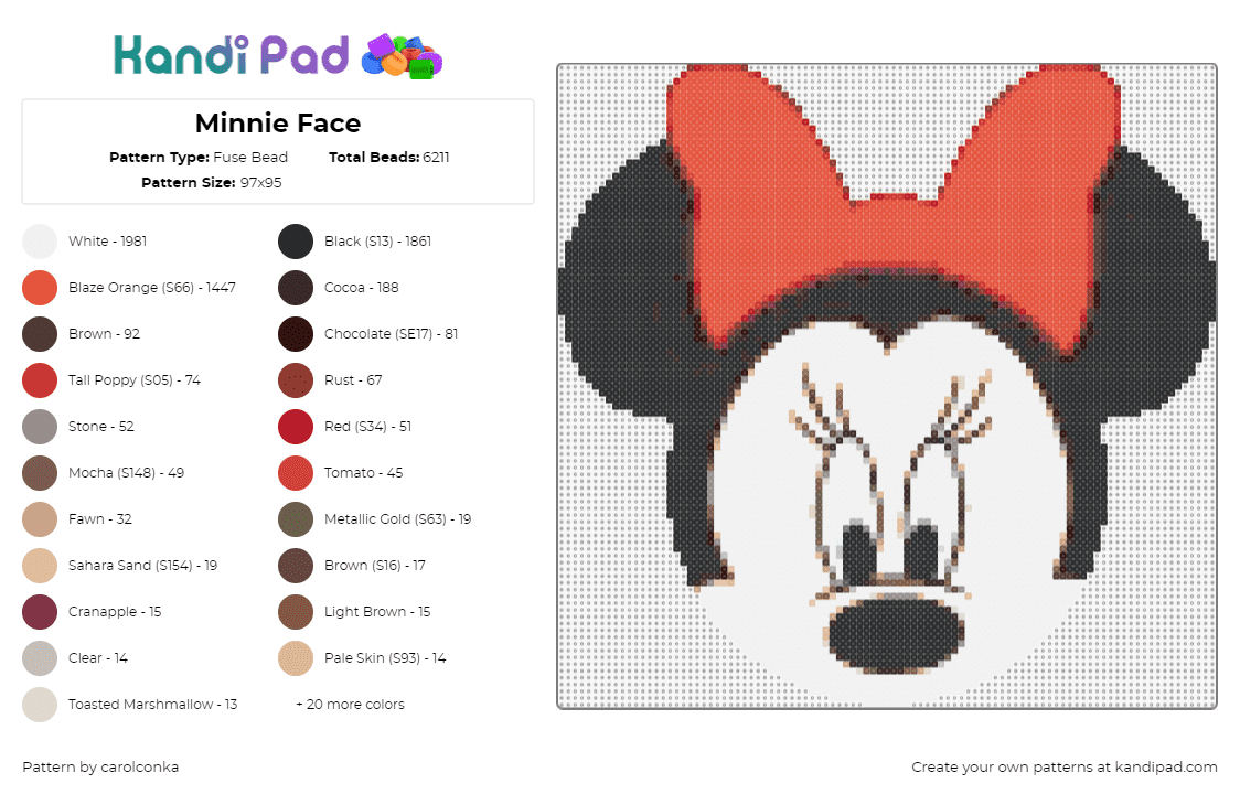 Minnie Face - Fuse Bead Pattern by carolconka on Kandi Pad - minnie mouse,disney,mickey,character,head,bow,classic,red,black,white