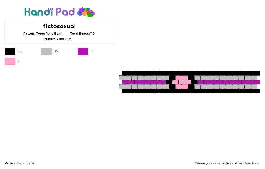 fictosexual - Pony Bead Pattern by poulinkk on Kandi Pad - fictosecual,pride,bracelet,cuff,black,gray,pink