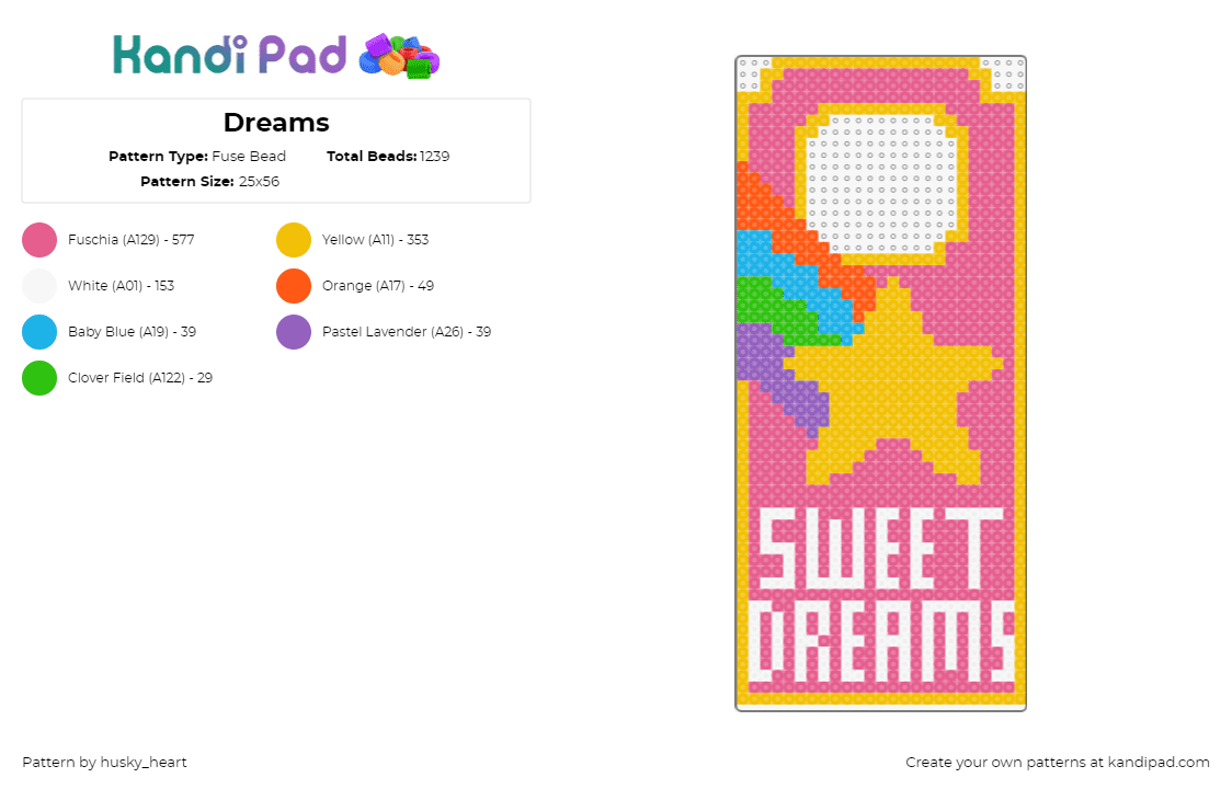 Dreams - Fuse Bead Pattern by husky_heart on Kandi Pad - sweet dreams,door hanger,star,text,colorful,yellow,pink,white