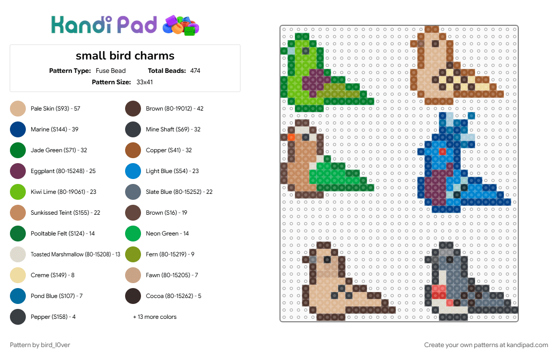 small bird charms - Fuse Bead Pattern by bird_l0ver on Kandi Pad - beige, bird, blue, brown, charm, colorful, dove, green, pigeon