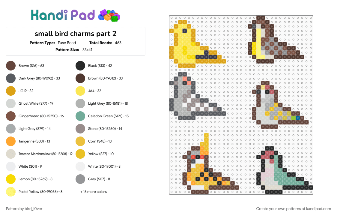 small bird charms part 2 - Fuse Bead Pattern by bird_l0ver on Kandi Pad - beige, bird, brown, charm, colorful, dove, gray, perler bead, pigeon, yellow