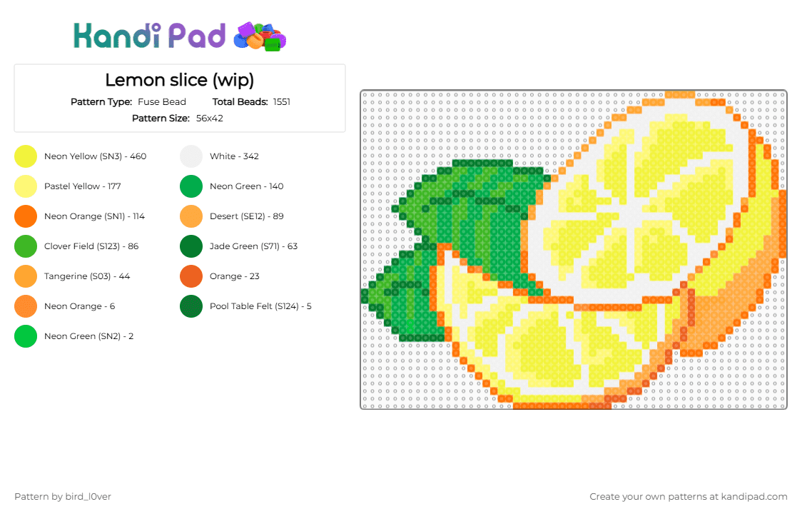 Lemon slice (wip) - Fuse Bead Pattern by bird_l0ver on Kandi Pad - yellow,lemon,lemon slice,leaf,citrus