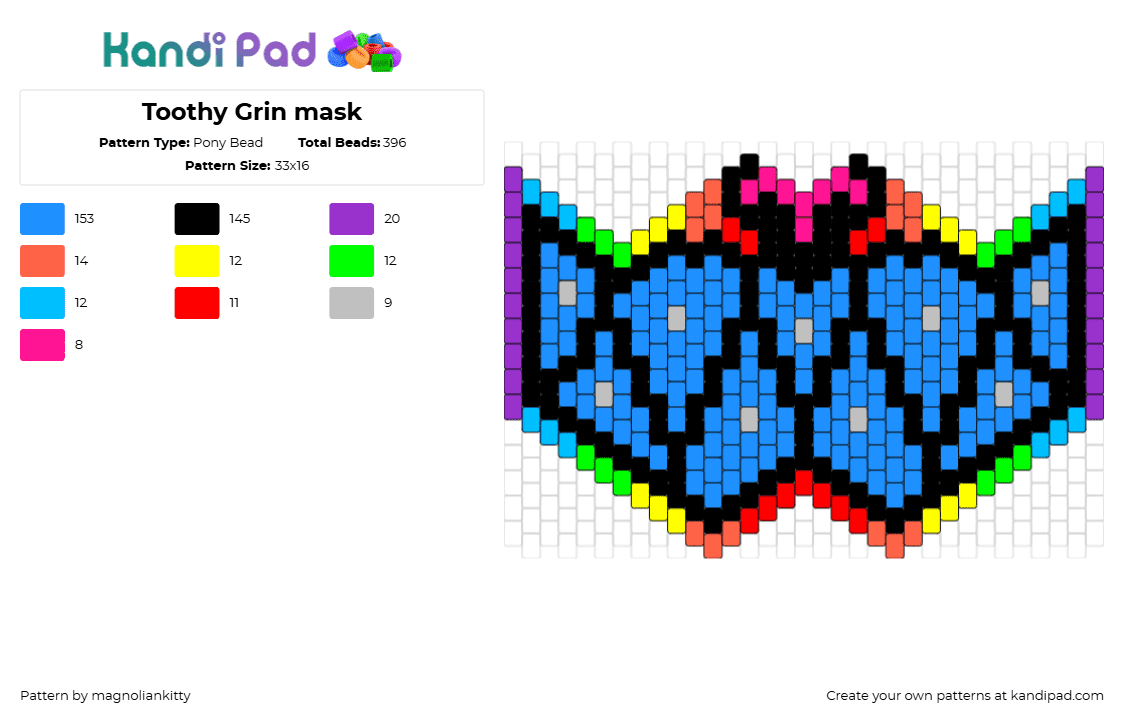 Toothy Grin mask - Pony Bead Pattern by magnoliankitty on Kandi Pad - teeth,mouth,smile,mask,rainbow,colorful,blue